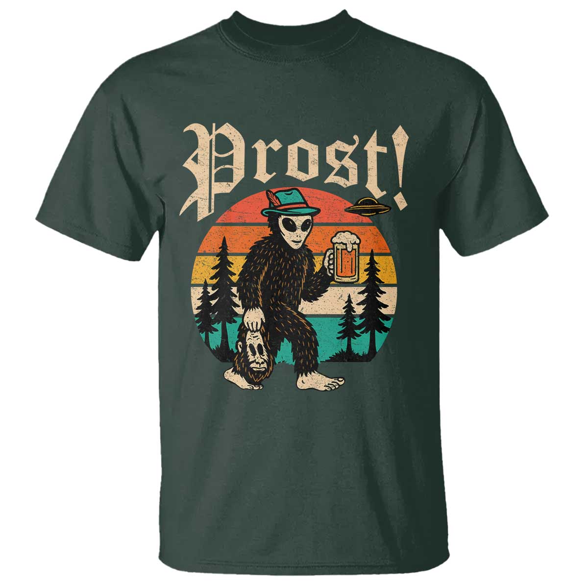 Oktoberfest Bigfoot Alien Beer T Shirt Retro German Sasquatch Beer TS10 Dark Forest Green Print Your Wear