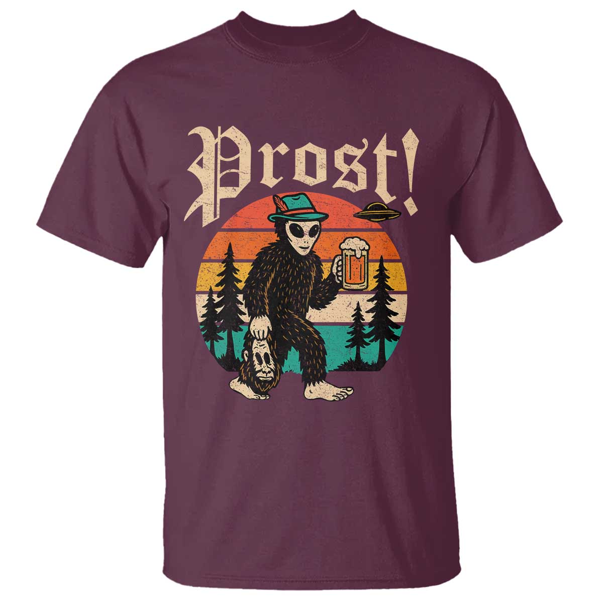 Oktoberfest Bigfoot Alien Beer T Shirt Retro German Sasquatch Beer TS10 Maroon Print Your Wear