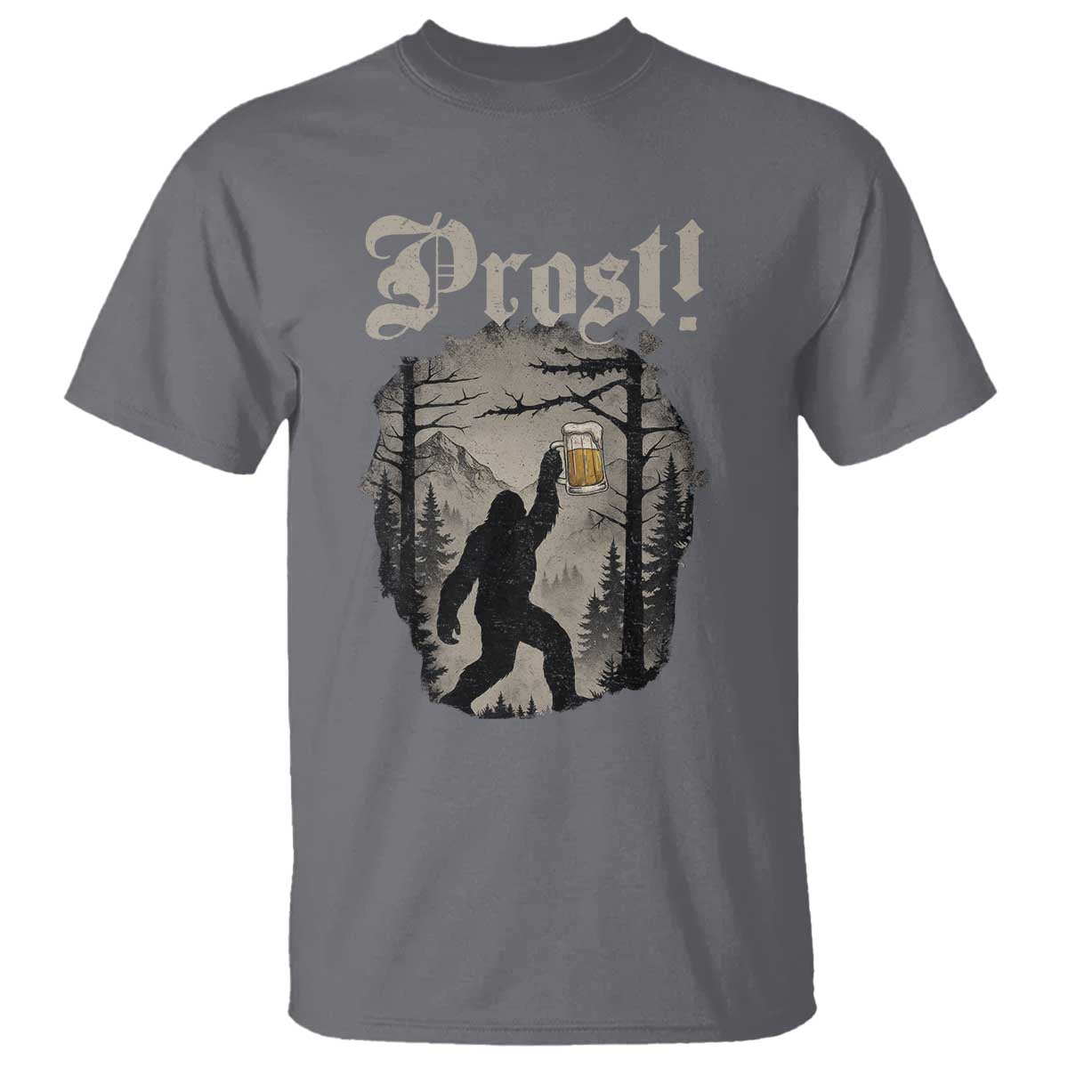 Oktoberfest Bigfoot T Shirt Vintage Forest Sasquatch Drinking Prost TS10 Charcoal Print Your Wear