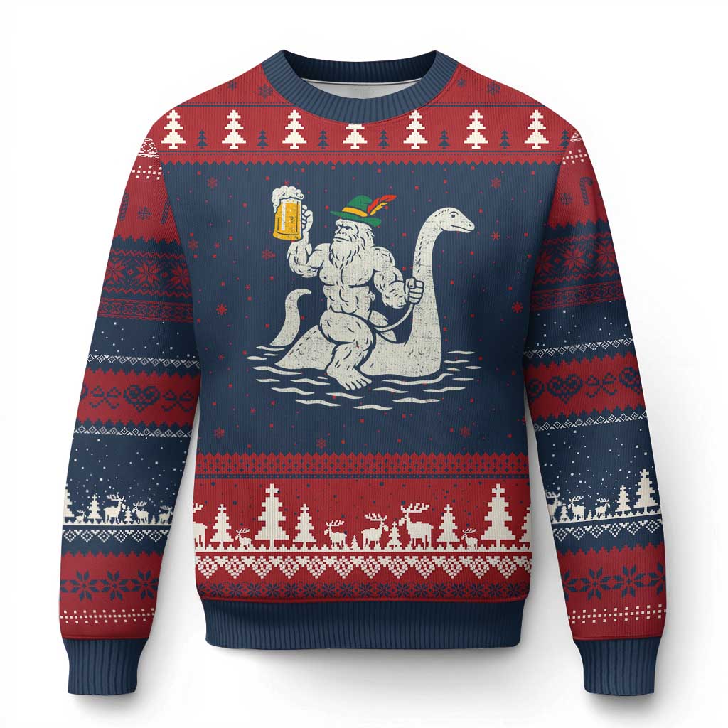 Funny Bigfoot Loch Ness Monster Oktoberfest Ugly Christmas Sweater German Oktoberfest Sasquatch Drinking TS10 Navy Red Print Your Wear