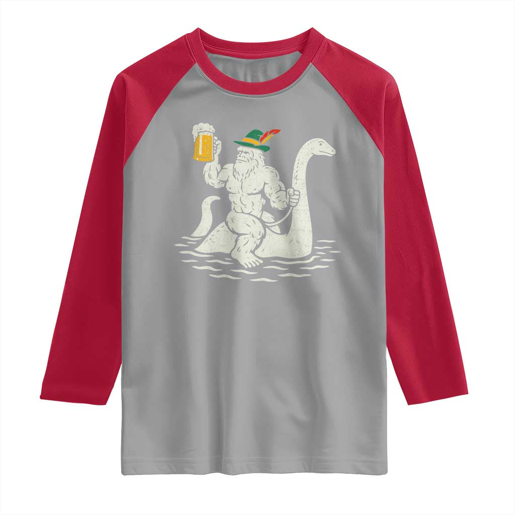 Funny Bigfoot Loch Ness Monster Oktoberfest Raglan Shirt German Oktoberfest Sasquatch Drinking TS10 Sport Gray Red Print Your Wear