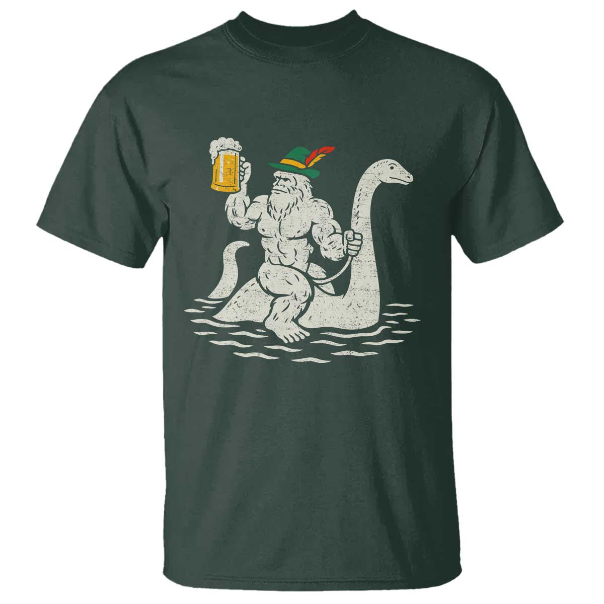 Funny Bigfoot Loch Ness Monster Oktoberfest T Shirt German Oktoberfest Sasquatch Drinking TS10 Dark Forest Green Print Your Wear