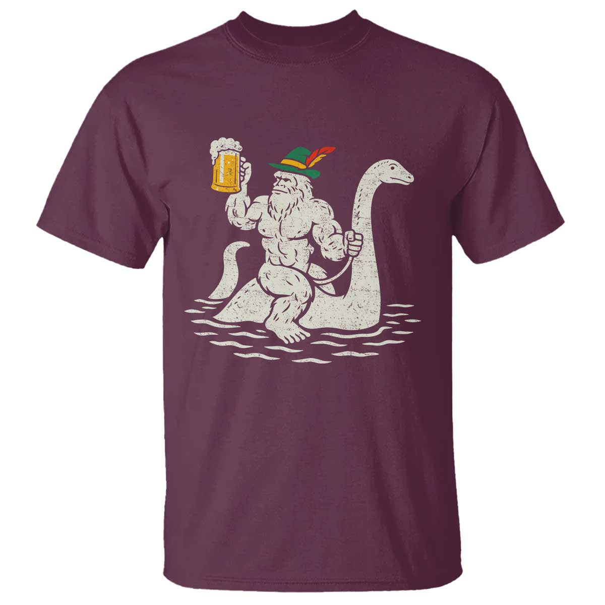 Funny Bigfoot Loch Ness Monster Oktoberfest T Shirt German Oktoberfest Sasquatch Drinking TS10 Maroon Print Your Wear