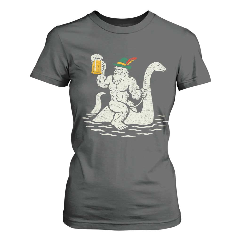 Funny Bigfoot Loch Ness Monster Oktoberfest T Shirt For Women German Oktoberfest Sasquatch Drinking TS10 Dark Heather Print Your Wear