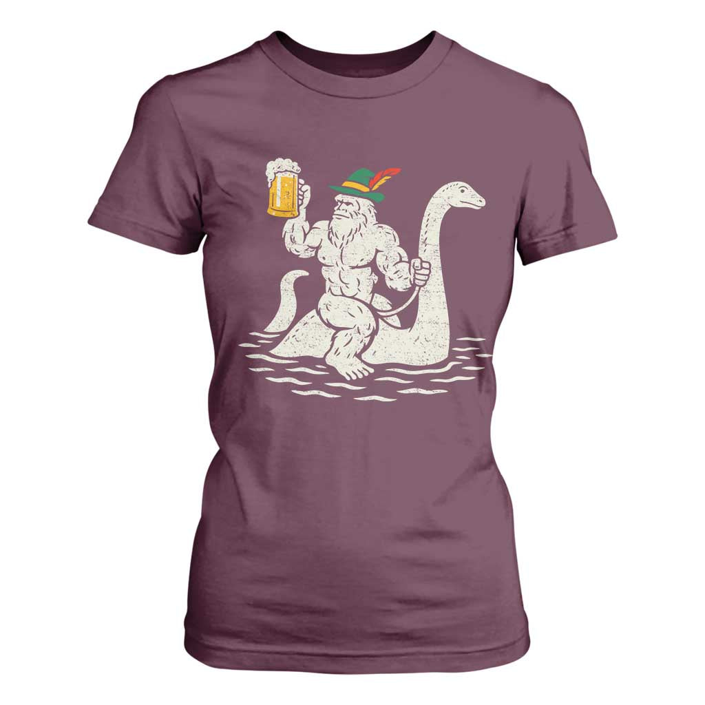Funny Bigfoot Loch Ness Monster Oktoberfest T Shirt For Women German Oktoberfest Sasquatch Drinking TS10 Maroon Print Your Wear