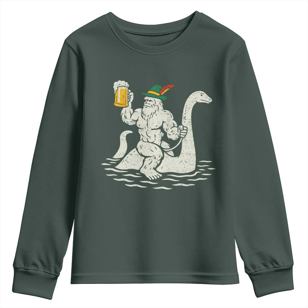 Funny Bigfoot Loch Ness Monster Oktoberfest Youth Sweatshirt German Oktoberfest Sasquatch Drinking TS10 Dark Forest Green Print Your Wear