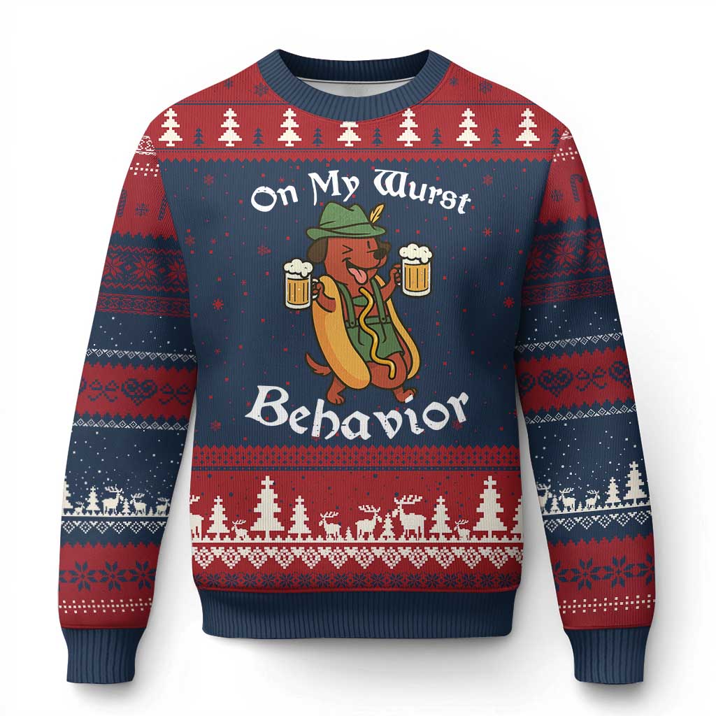 Oktoberfest On My Wurst Behavior Ugly Christmas Sweater Funny German TS10 Navy Red Print Your Wear