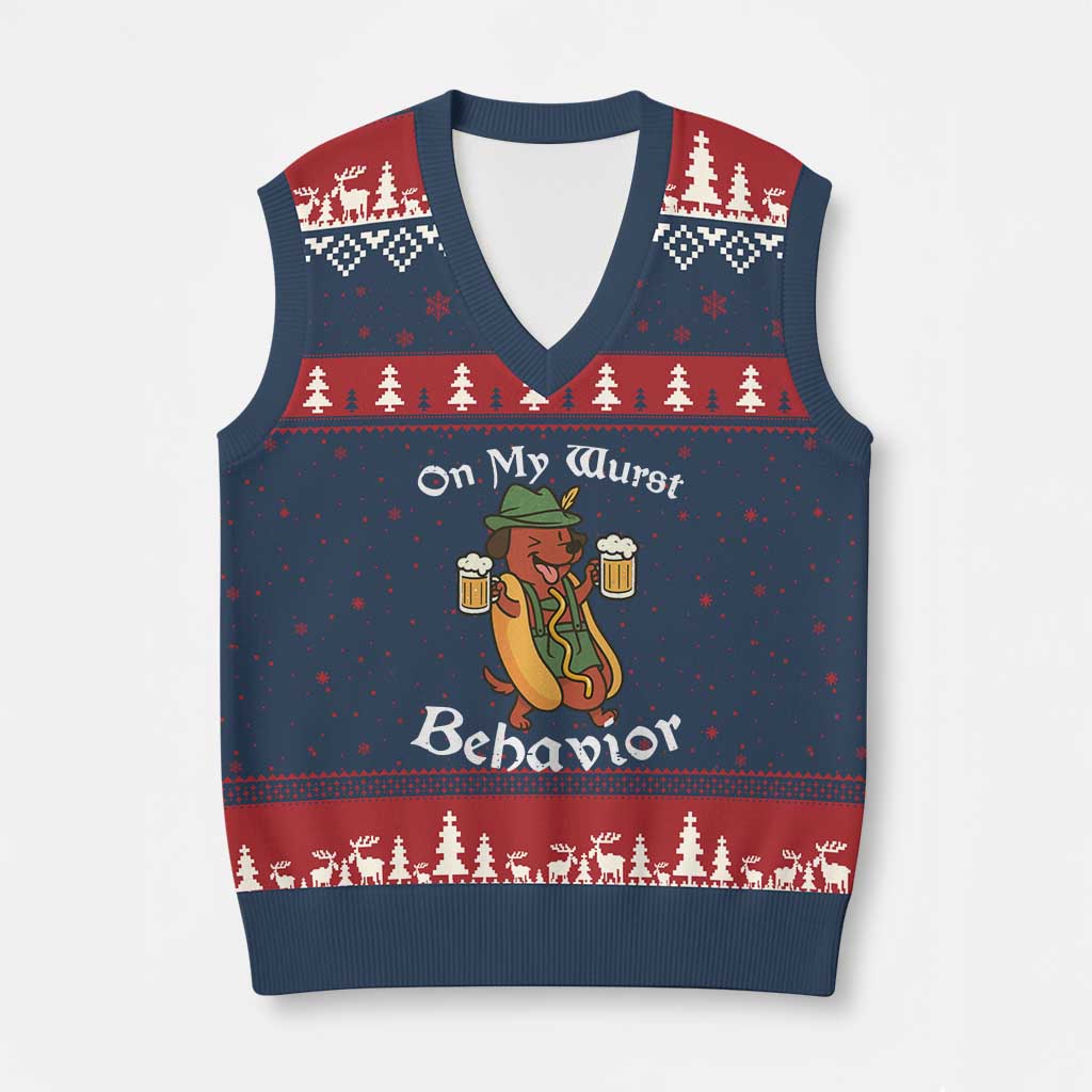Oktoberfest On My Wurst Behavior V-Neck Knit Sweater Vest Funny German TS10 Navy Red Print Your Wear