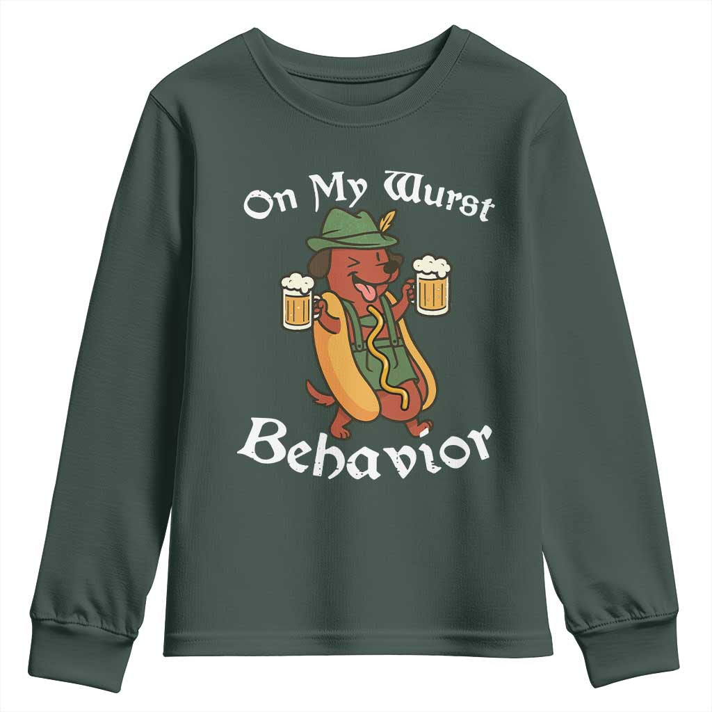 Oktoberfest On My Wurst Behavior Youth Sweatshirt Funny German TS10 Dark Forest Green Print Your Wear