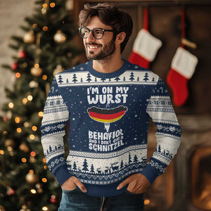 Oktoberfest On My Wurst Behavior Ugly Christmas Sweater Dont Give Schnitzel Funny German TS10 Navy Beige Print Your Wear