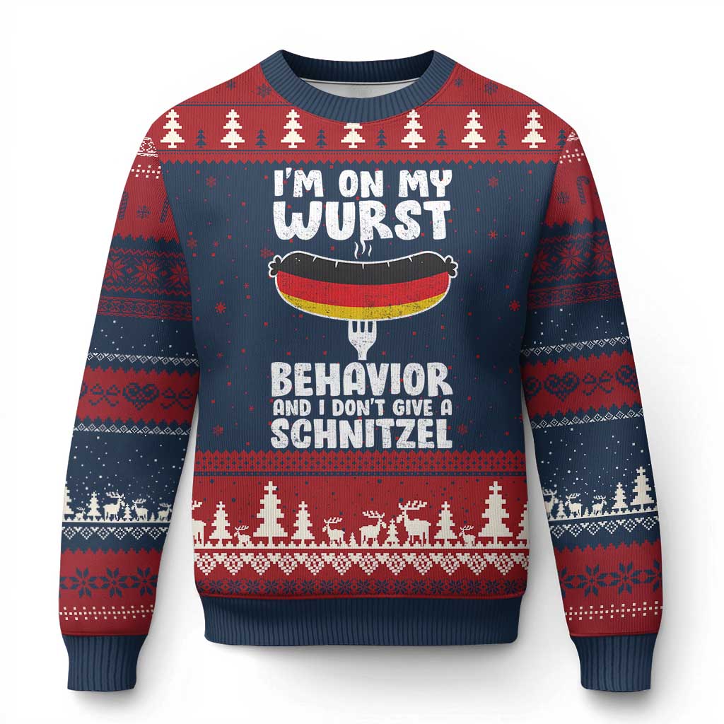 Oktoberfest On My Wurst Behavior Ugly Christmas Sweater Dont Give Schnitzel Funny German TS10 Navy Red Print Your Wear