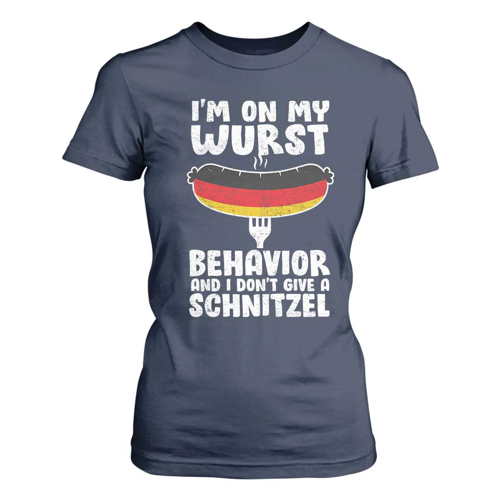 Oktoberfest On My Wurst Behavior T Shirt For Women Dont Give Schnitzel Funny German TS10 Navy Print Your Wear