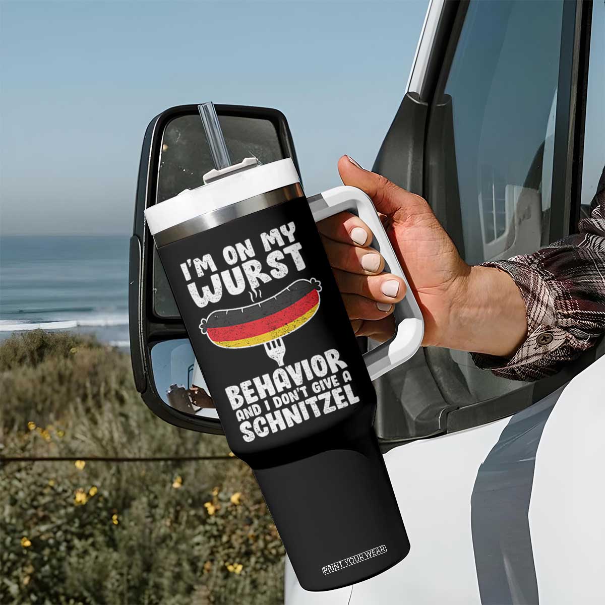 Oktoberfest On My Wurst Behavior Tumbler With Handle Dont Give Schnitzel Funny German TS10 Print Your Wear