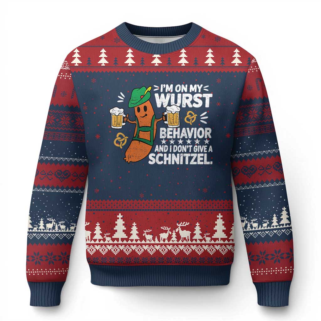 Funny Oktoberfest Ugly Christmas Sweater On My Wurst Behavior Sarcastic German TS10 Navy Red Print Your Wear