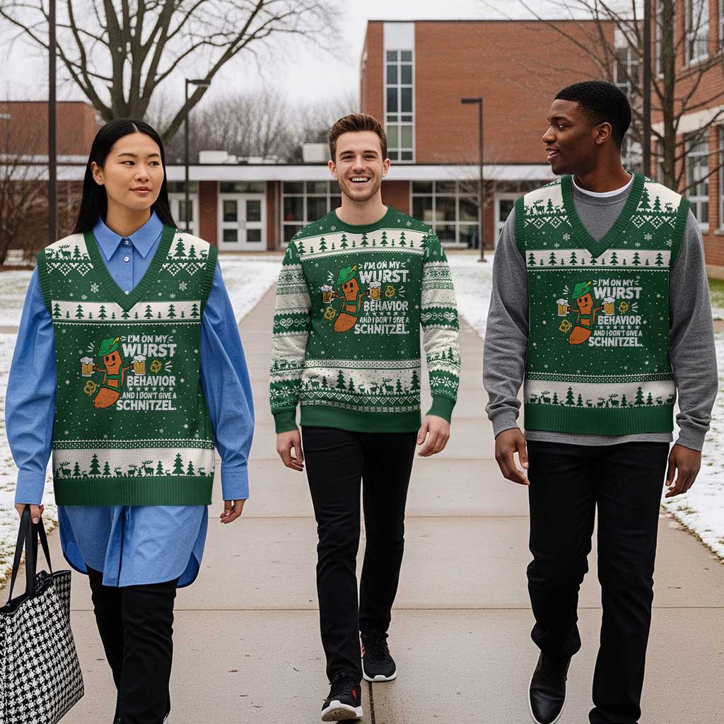 Funny Oktoberfest V-Neck Knit Sweater Vest On My Wurst Behavior Sarcastic German TS10 Forest Green Beige Print Your Wear