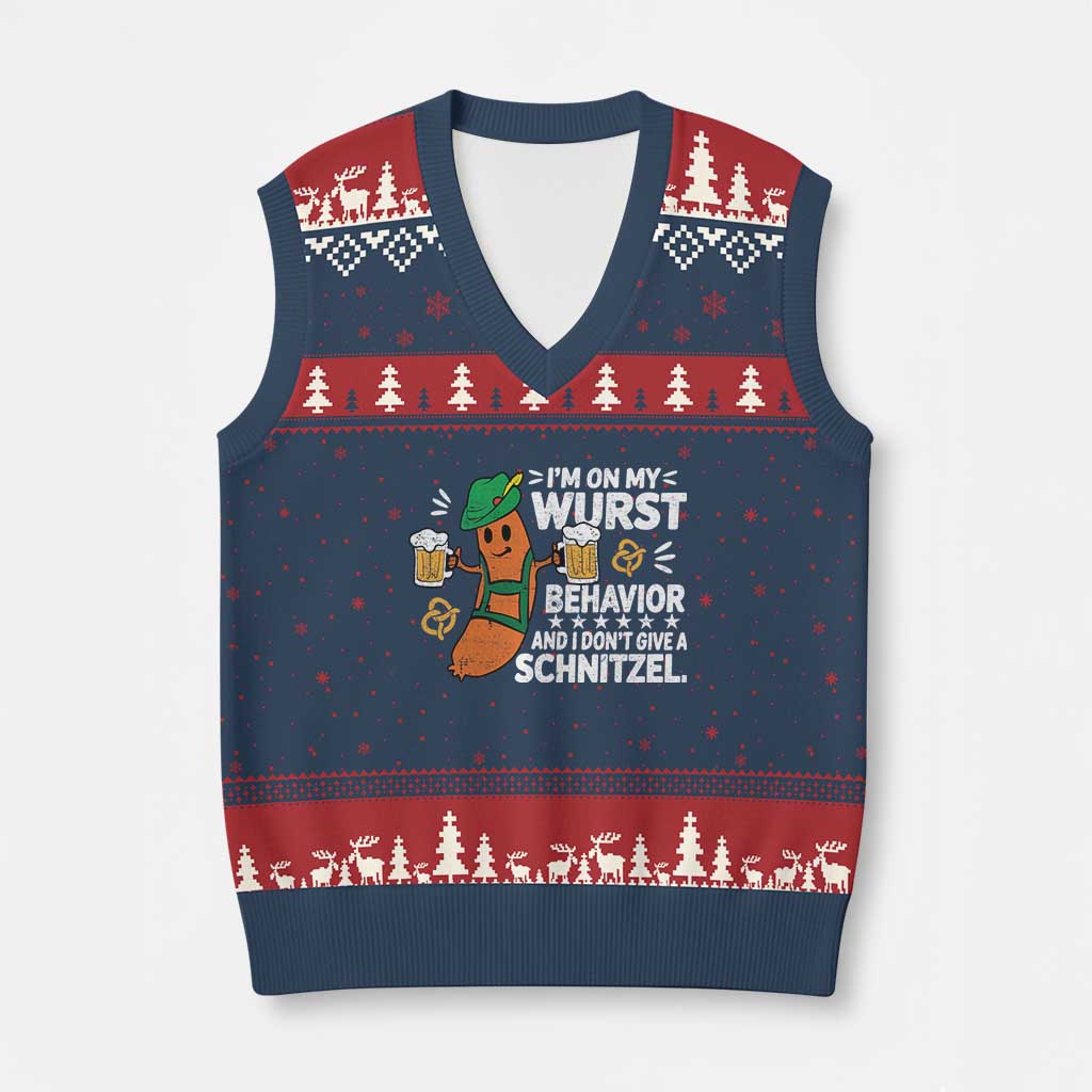 Funny Oktoberfest V-Neck Knit Sweater Vest On My Wurst Behavior Sarcastic German TS10 Navy Red Print Your Wear