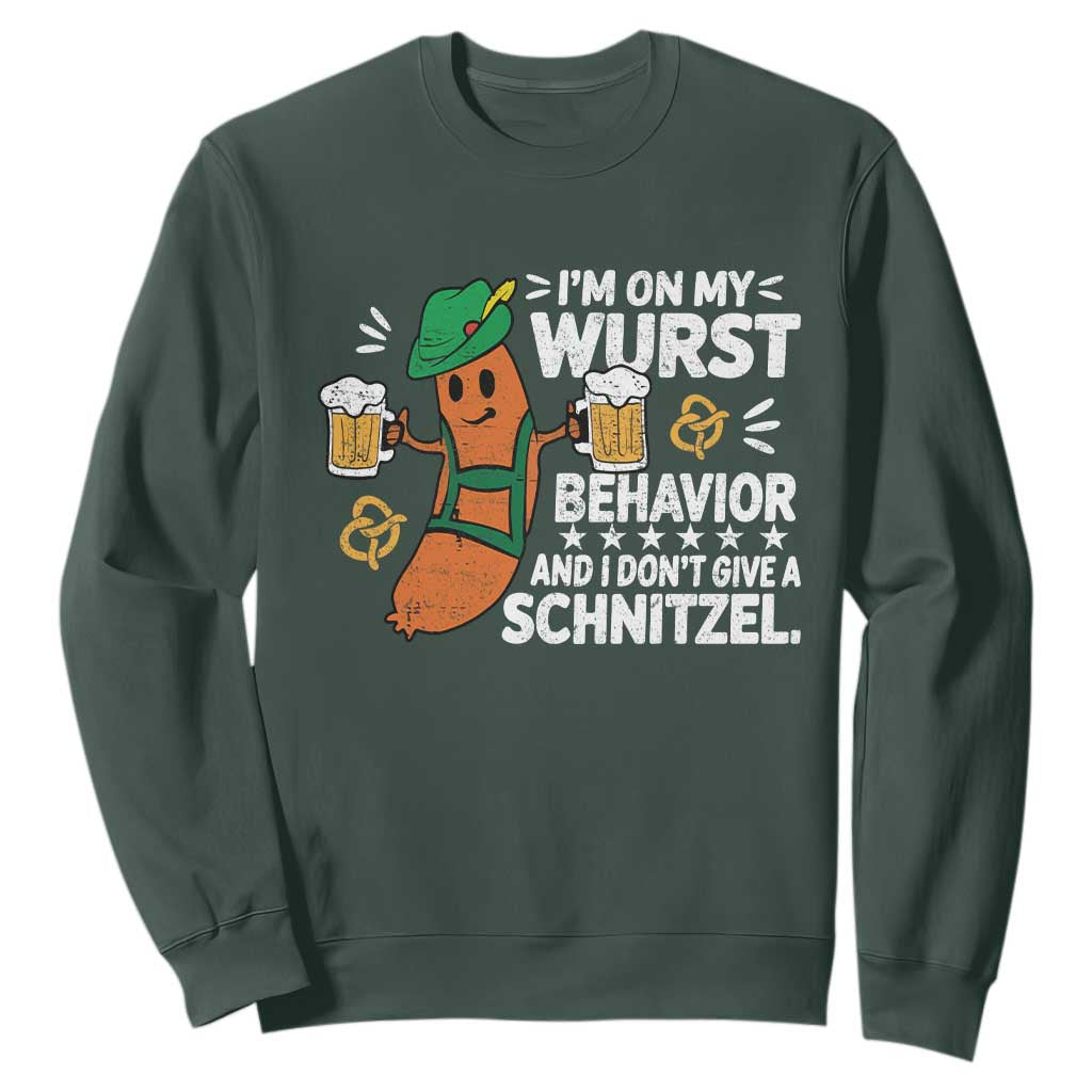 Funny Oktoberfest Sweatshirt On My Wurst Behavior Sarcastic German TS10 Dark Forest Green Print Your Wear