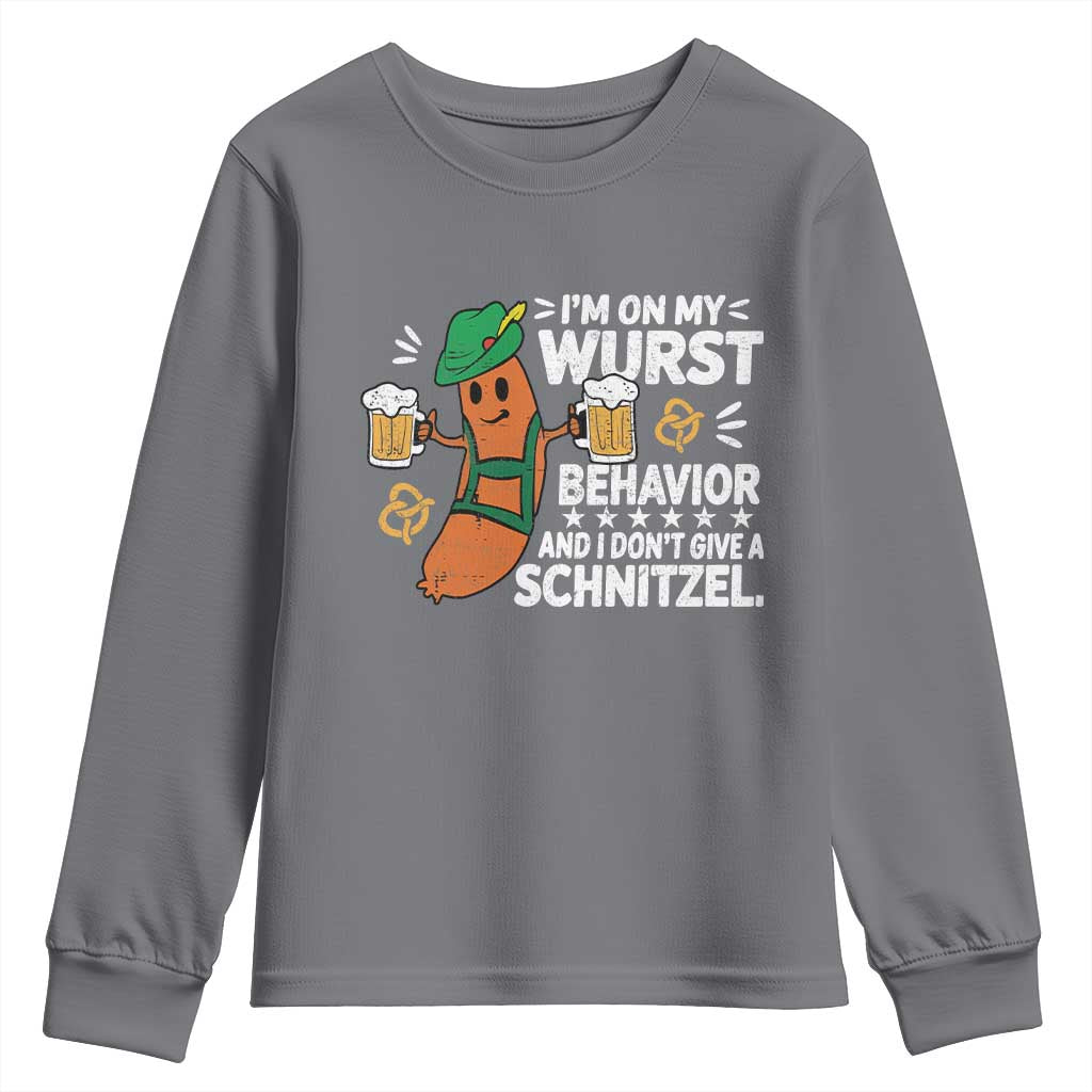 Funny Oktoberfest Youth Sweatshirt On My Wurst Behavior Sarcastic German TS10 Charcoal Print Your Wear