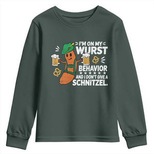 Funny Oktoberfest Youth Sweatshirt On My Wurst Behavior Sarcastic German TS10 Dark Forest Green Print Your Wear
