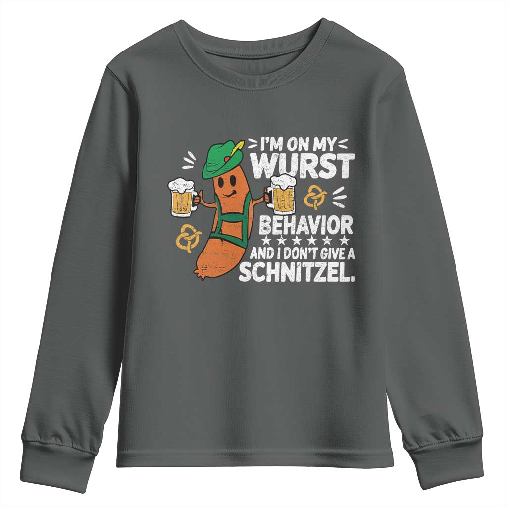 Funny Oktoberfest Youth Sweatshirt On My Wurst Behavior Sarcastic German TS10 Dark Heather Print Your Wear