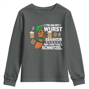 Funny Oktoberfest Youth Sweatshirt On My Wurst Behavior Sarcastic German TS10 Dark Heather Print Your Wear