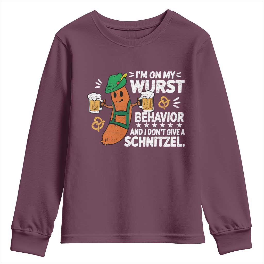 Funny Oktoberfest Youth Sweatshirt On My Wurst Behavior Sarcastic German TS10 Maroon Print Your Wear