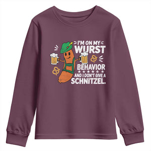 Funny Oktoberfest Youth Sweatshirt On My Wurst Behavior Sarcastic German TS10 Maroon Print Your Wear