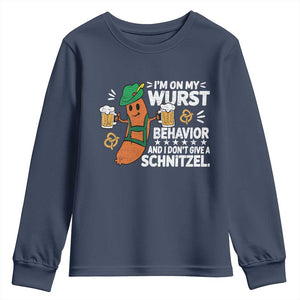 Funny Oktoberfest Youth Sweatshirt On My Wurst Behavior Sarcastic German TS10 Navy Print Your Wear