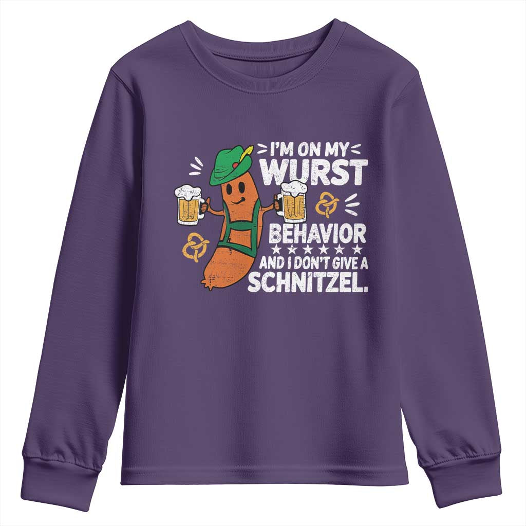 Funny Oktoberfest Youth Sweatshirt On My Wurst Behavior Sarcastic German TS10 Purple Print Your Wear