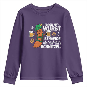 Funny Oktoberfest Youth Sweatshirt On My Wurst Behavior Sarcastic German TS10 Purple Print Your Wear