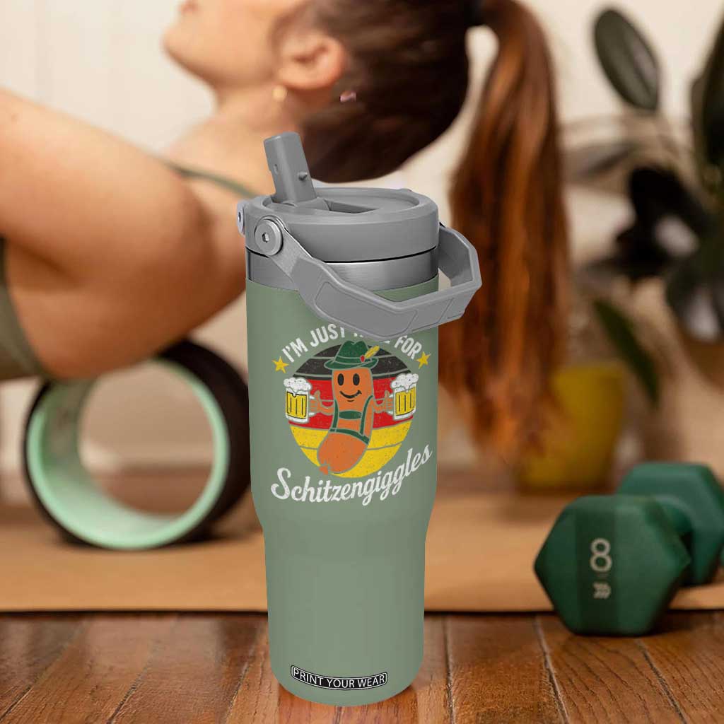 Funny Oktoberfest Flip Straw Tumbler Just Here for Schitzengiggles German Flag TS10 One Size: 30 oz Moss Green Print Your Wear