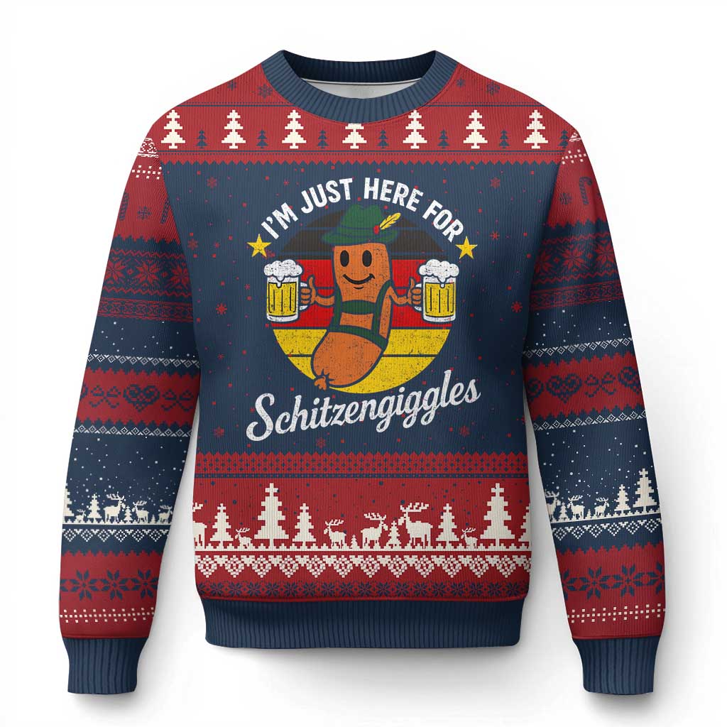 Funny Oktoberfest Ugly Christmas Sweater Just Here for Schitzengiggles German Flag TS10 Navy Red Print Your Wear