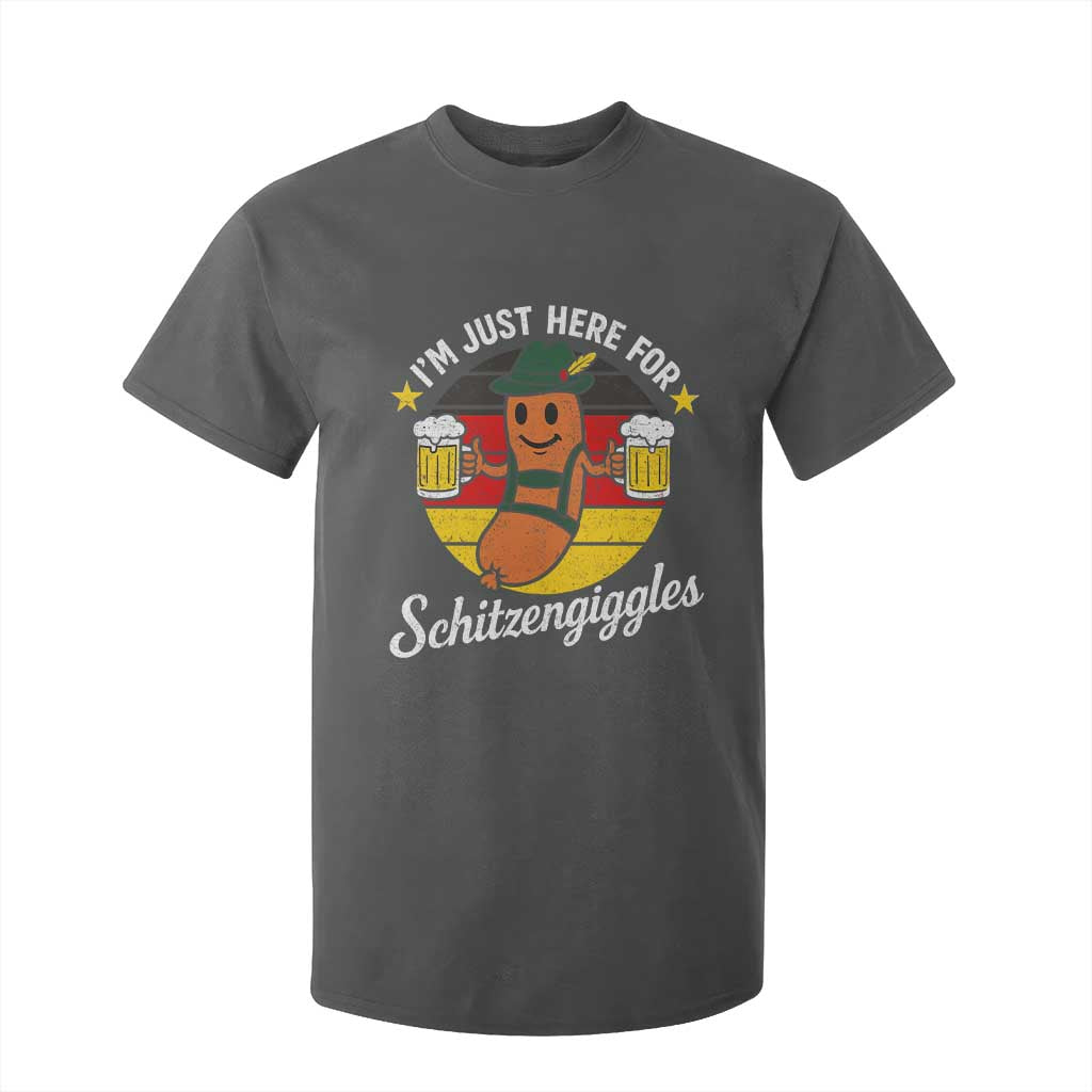 Funny Oktoberfest T Shirt For Kid Just Here for Schitzengiggles German Flag TS10 Dark Heather Print Your Wear
