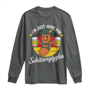 Funny Oktoberfest Long Sleeve Shirt Just Here for Schitzengiggles German Flag TS10 Dark Heather Print Your Wear