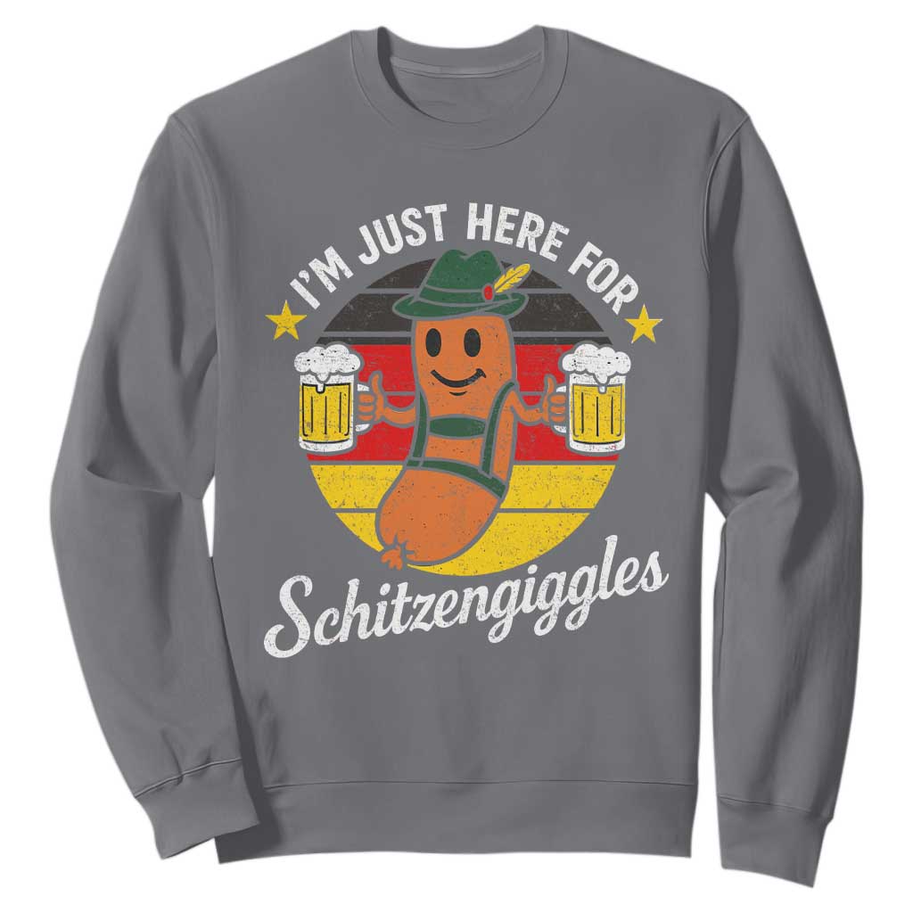 Funny Oktoberfest Sweatshirt Just Here for Schitzengiggles German Flag TS10 Charcoal Print Your Wear