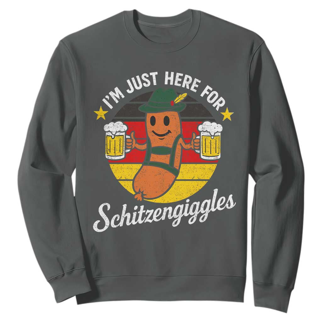 Funny Oktoberfest Sweatshirt Just Here for Schitzengiggles German Flag TS10 Dark Heather Print Your Wear
