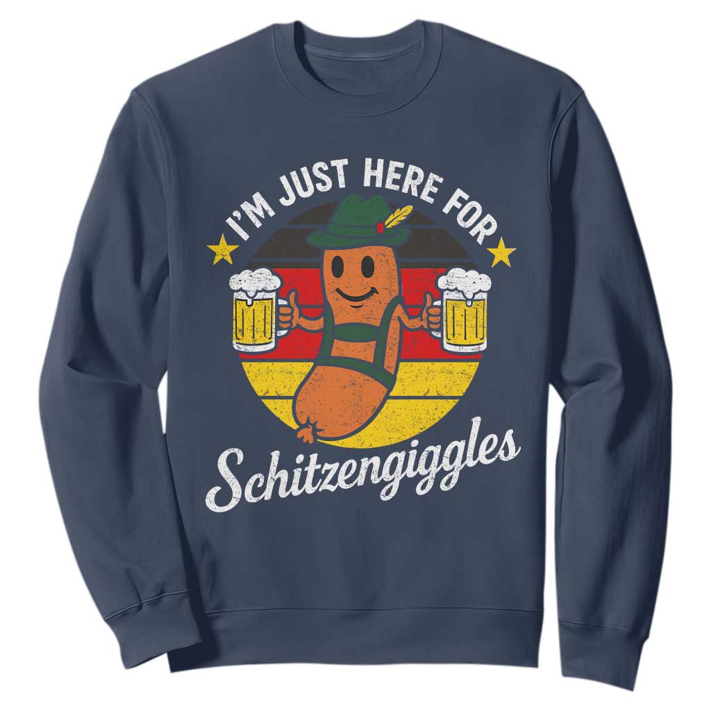 Funny Oktoberfest Sweatshirt Just Here for Schitzengiggles German Flag TS10 Navy Print Your Wear