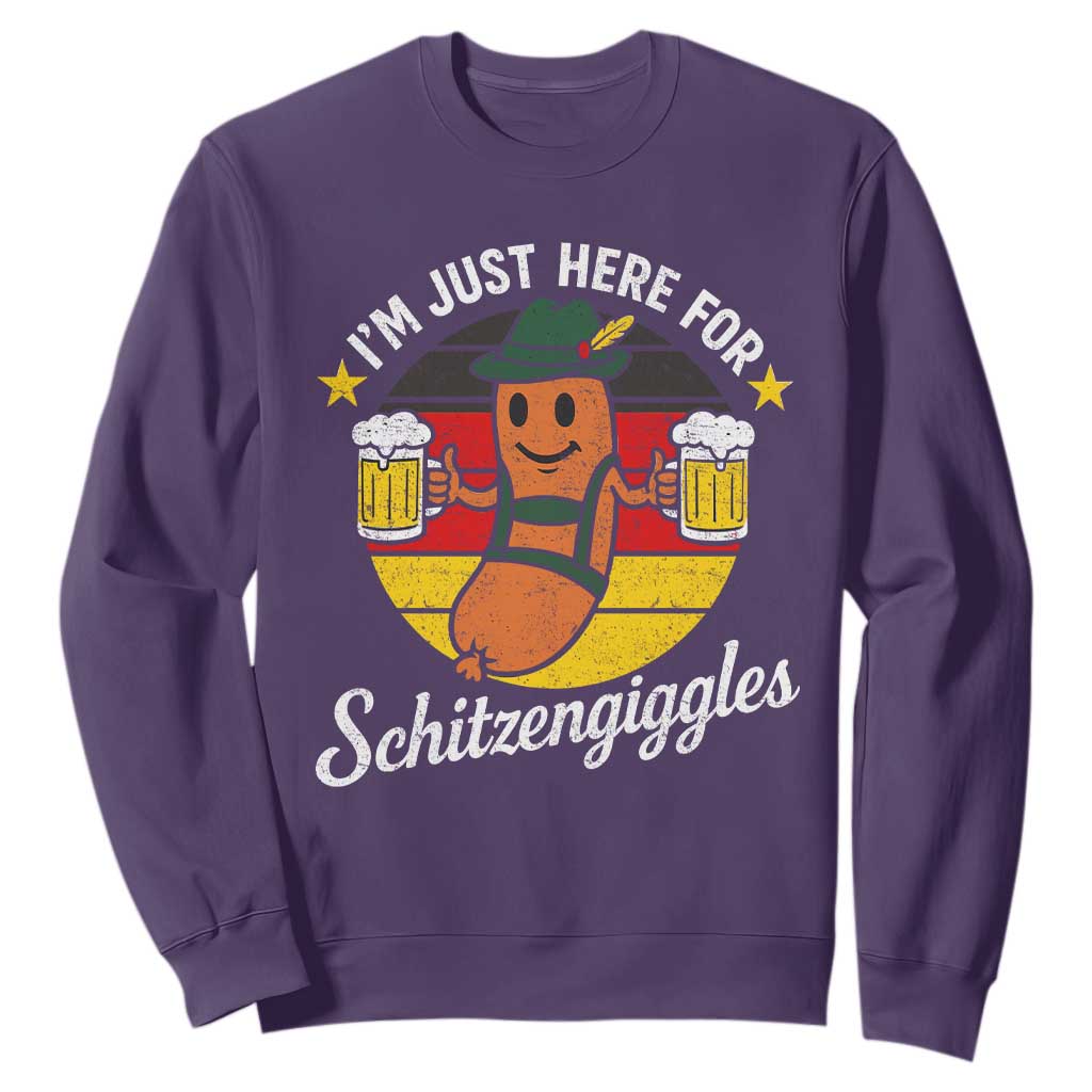 Funny Oktoberfest Sweatshirt Just Here for Schitzengiggles German Flag TS10 Purple Print Your Wear