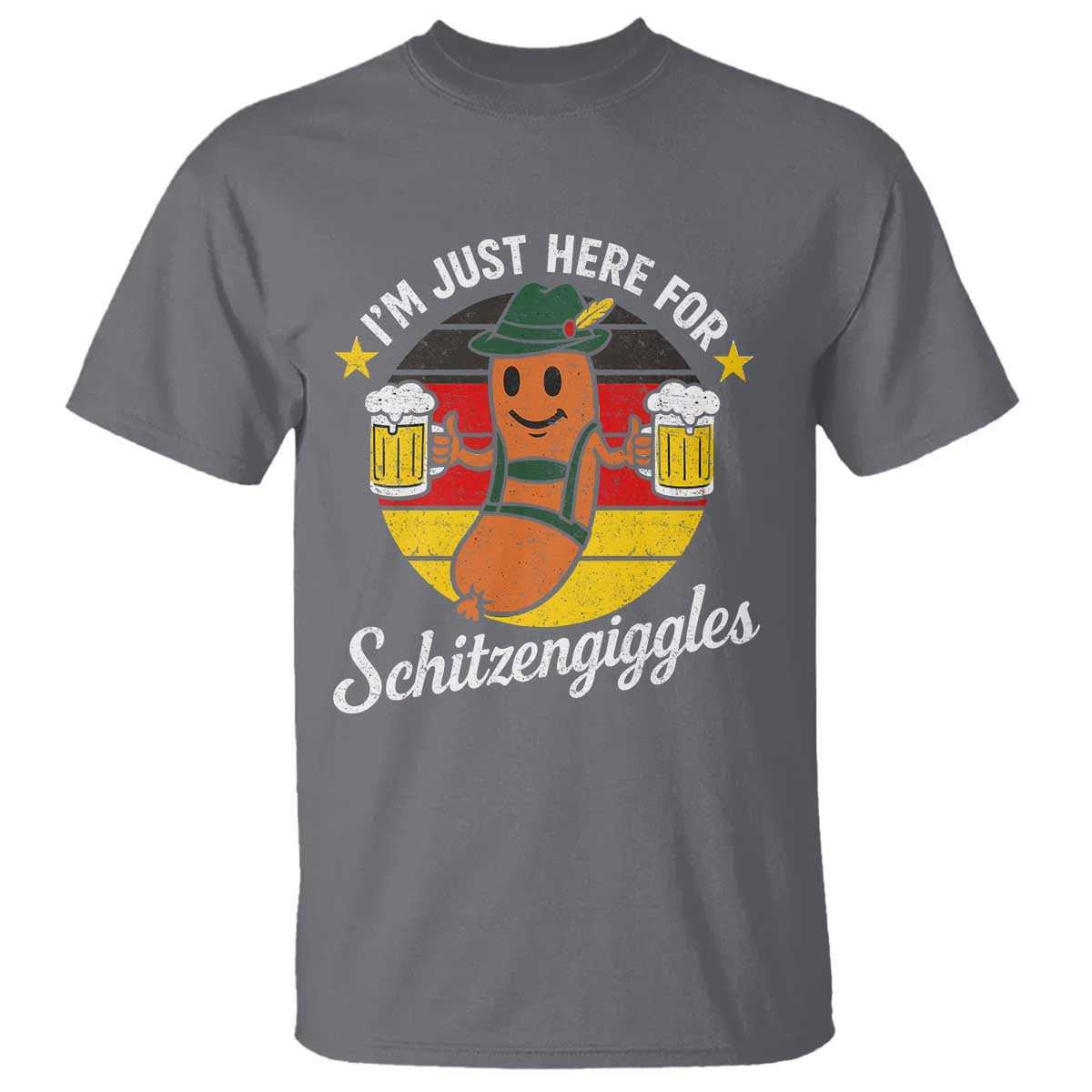 Funny Oktoberfest T Shirt Just Here for Schitzengiggles German Flag TS10 Charcoal Print Your Wear