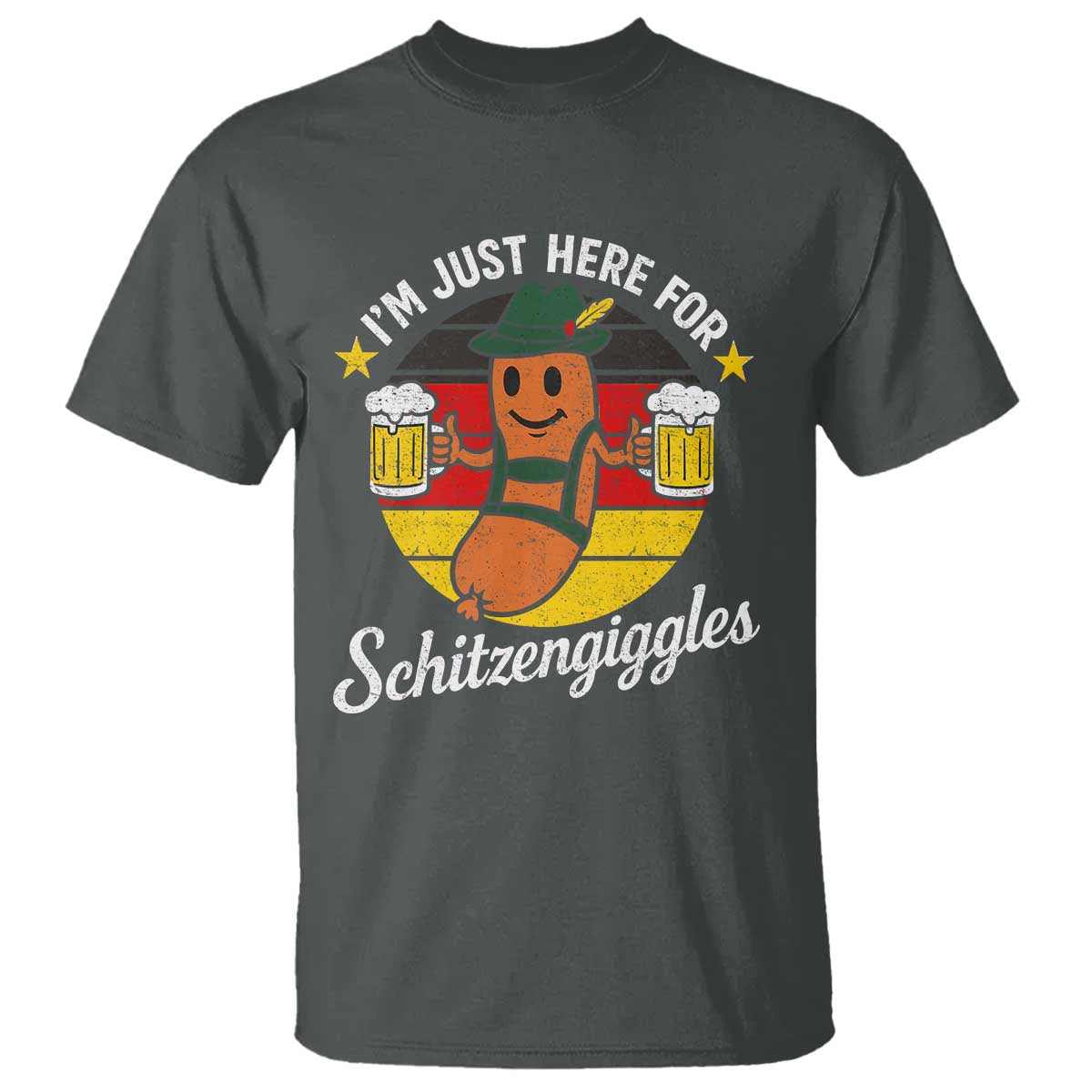 Funny Oktoberfest T Shirt Just Here for Schitzengiggles German Flag TS10 Dark Heather Print Your Wear