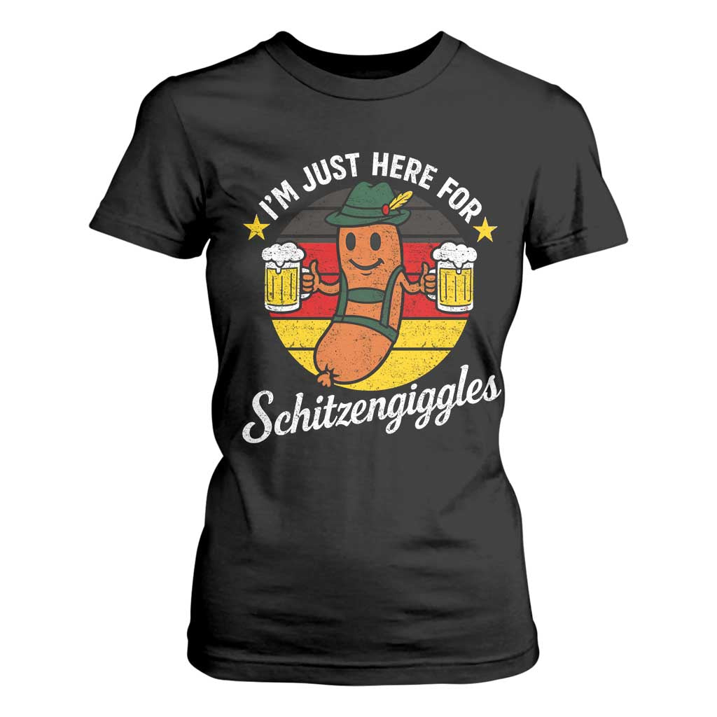 Funny Oktoberfest T Shirt For Women Just Here for Schitzengiggles German Flag TS10 Black Print Your Wear