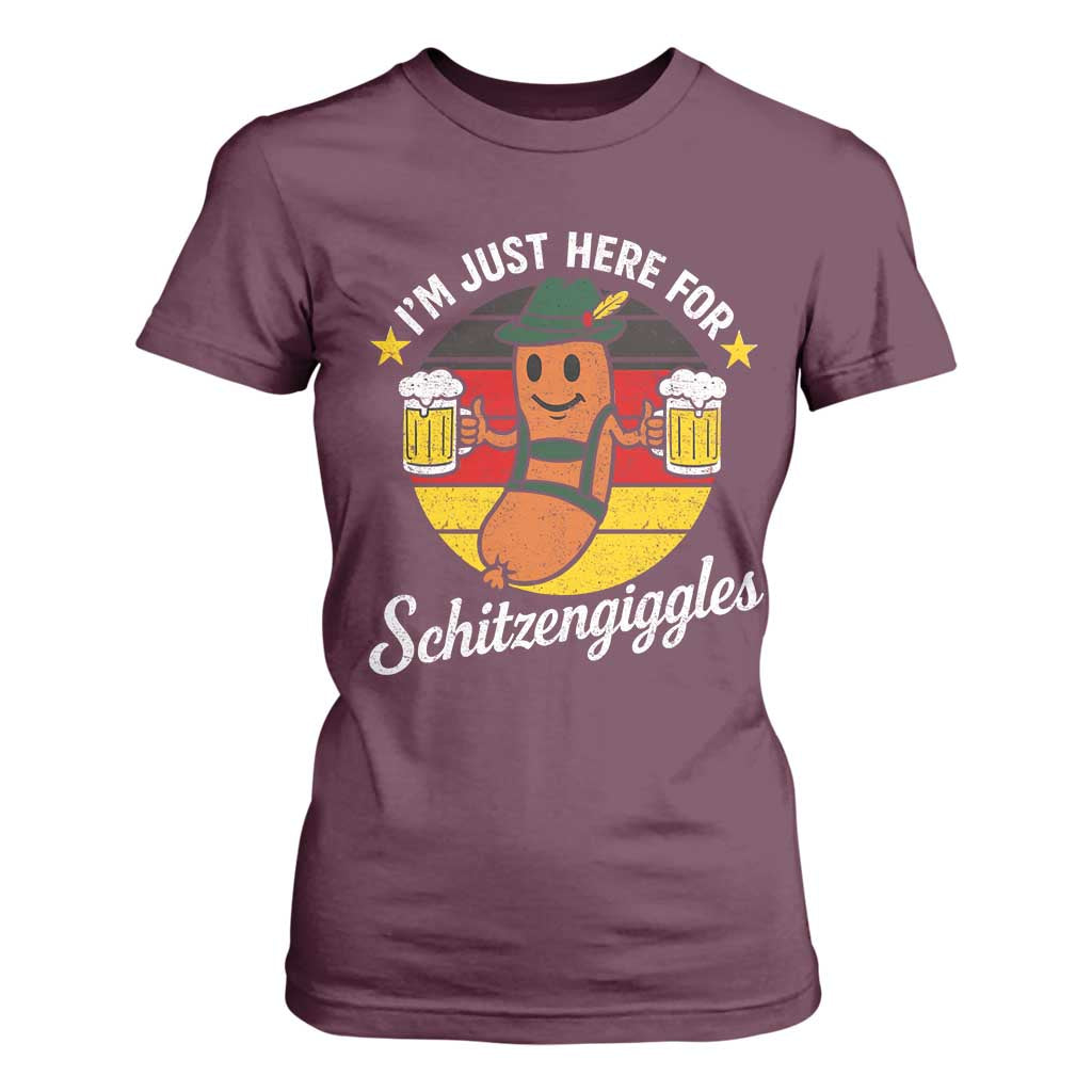 Funny Oktoberfest T Shirt For Women Just Here for Schitzengiggles German Flag TS10 Maroon Print Your Wear