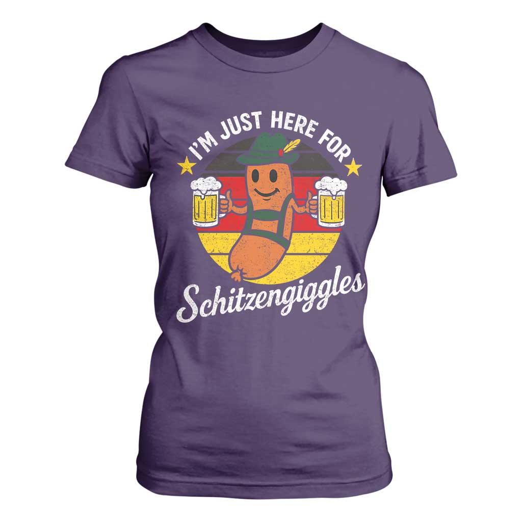 Funny Oktoberfest T Shirt For Women Just Here for Schitzengiggles German Flag TS10 Purple Print Your Wear