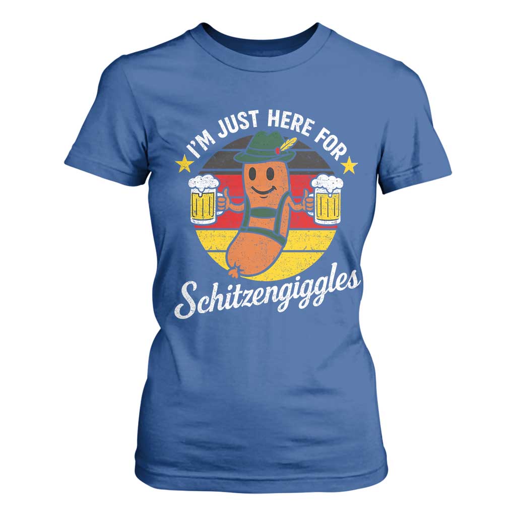 Funny Oktoberfest T Shirt For Women Just Here for Schitzengiggles German Flag TS10 Royal Blue Print Your Wear