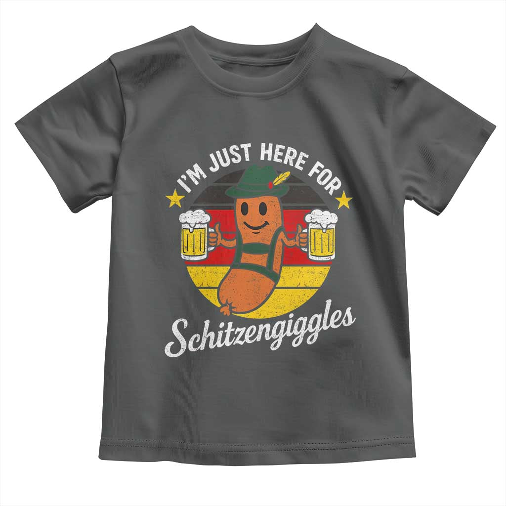 Funny Oktoberfest Toddler T Shirt Just Here for Schitzengiggles German Flag TS10 Dark Heather Print Your Wear
