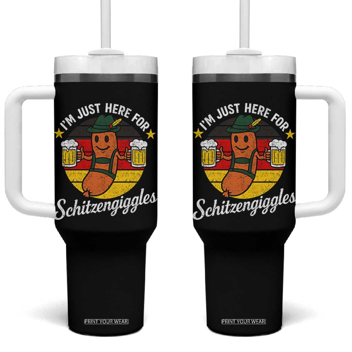 Funny Oktoberfest Tumbler With Handle Just Here for Schitzengiggles German Flag TS10 One Size: 40 oz Black Print Your Wear