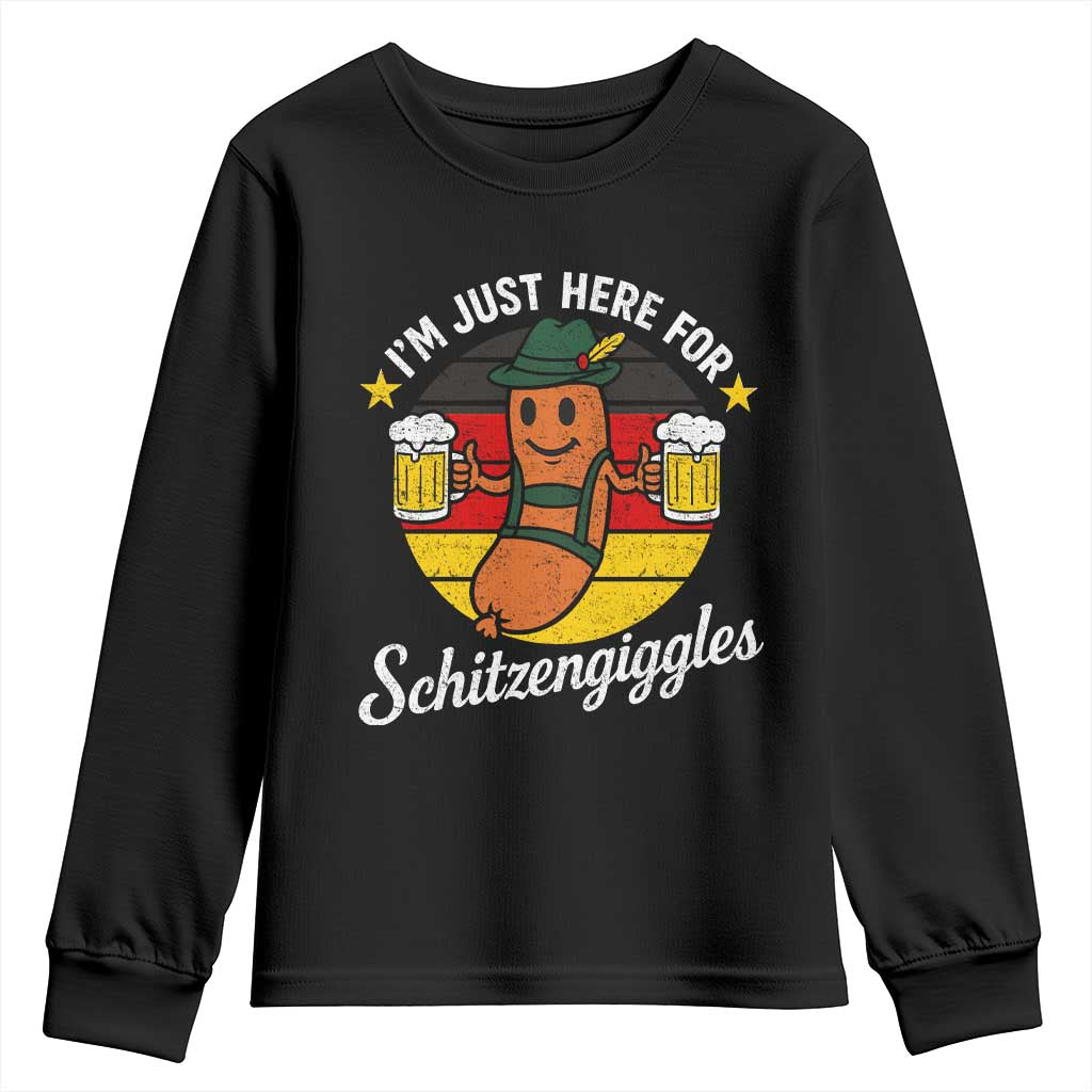 Funny Oktoberfest Youth Sweatshirt Just Here for Schitzengiggles German Flag TS10 Black Print Your Wear