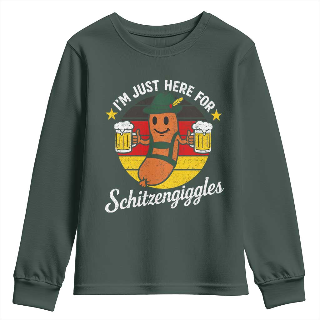 Funny Oktoberfest Youth Sweatshirt Just Here for Schitzengiggles German Flag TS10 Dark Forest Green Print Your Wear