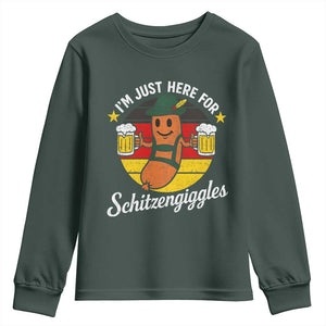 Funny Oktoberfest Youth Sweatshirt Just Here for Schitzengiggles German Flag TS10 Dark Forest Green Print Your Wear