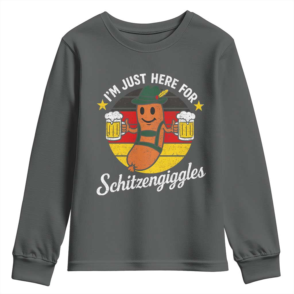 Funny Oktoberfest Youth Sweatshirt Just Here for Schitzengiggles German Flag TS10 Dark Heather Print Your Wear